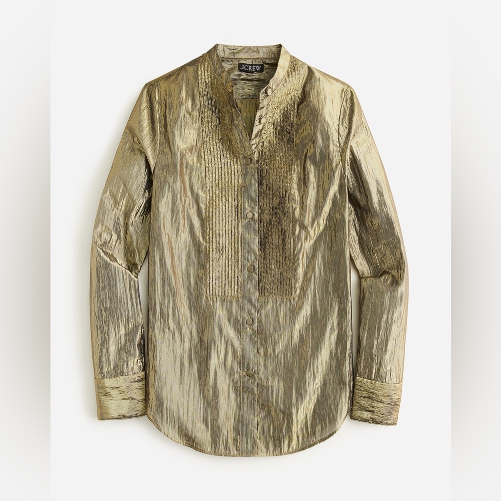 J.Crew women's slim-fit tuxedo shirt in a metallic gold lamé fabric size 0